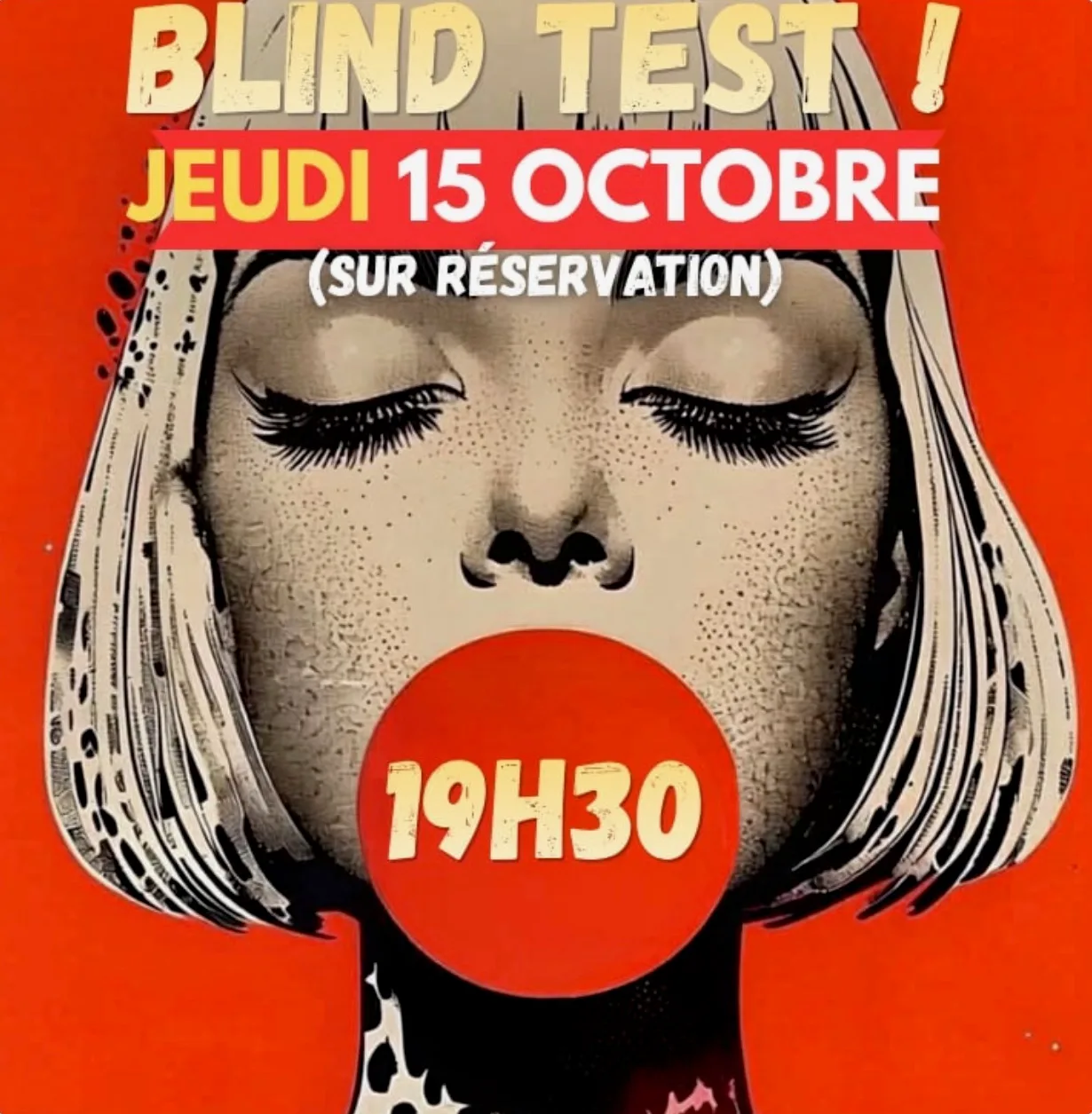 Affiche officielle du Blind Test aux Sœurs Pinard : jeudi 15 octobre à 19h30, sur réservation