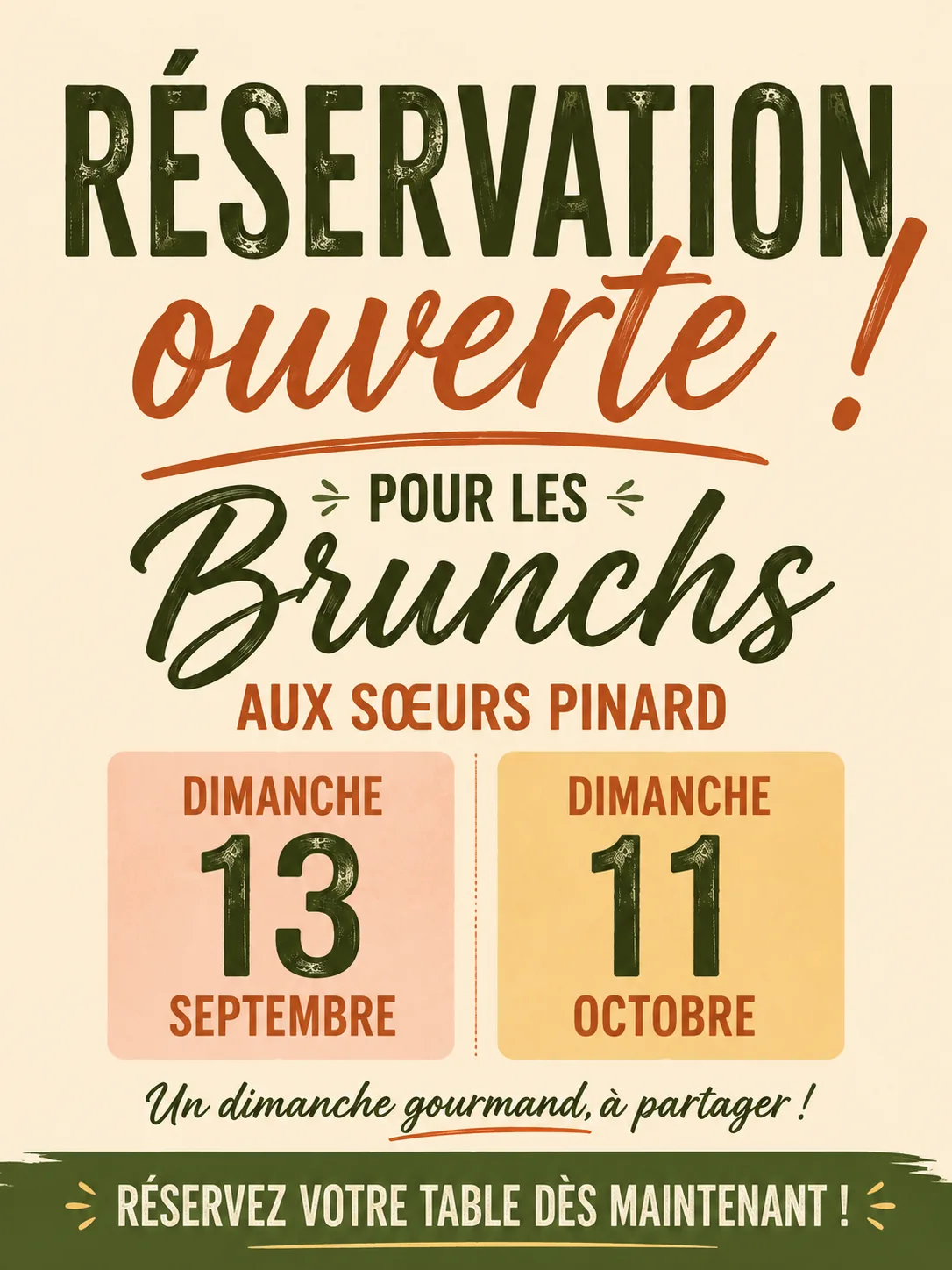 Affiche officielle des Sœurs Pinard : réservation ouverte pour les brunchs des dimanches 13 septembre et 11 octobre — un dimanche gourmand, à partager